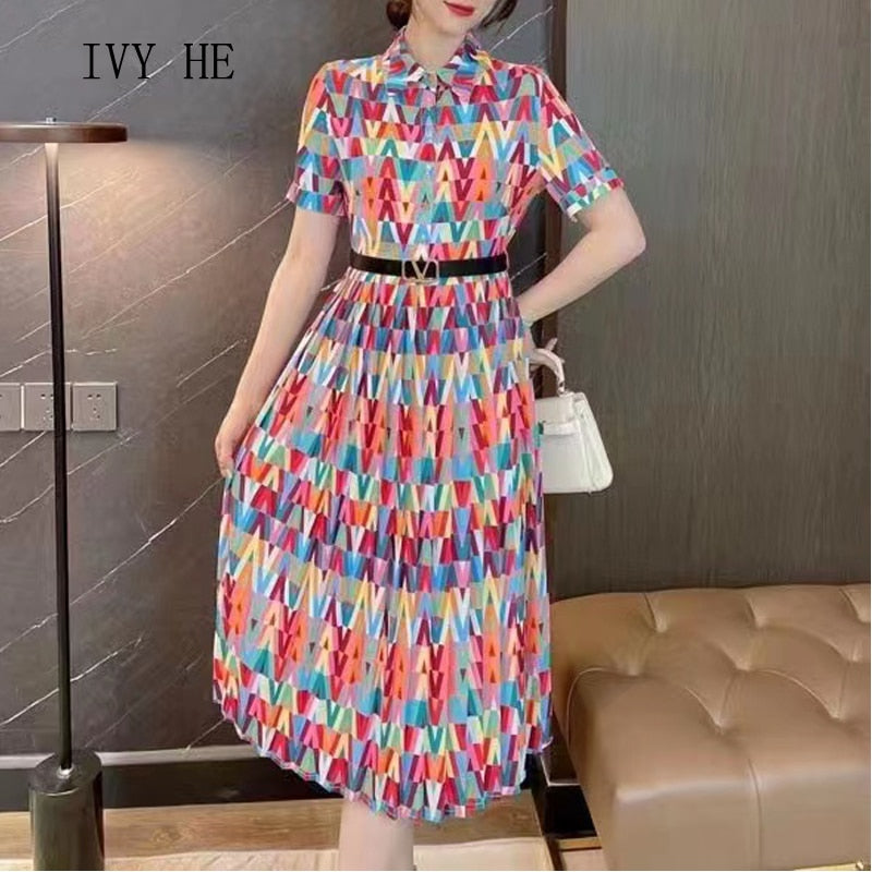 Elegant Dresses For Women Chic TurnDown Collar Short Sleeved Pleated Print Vestidos Midi Long Dress