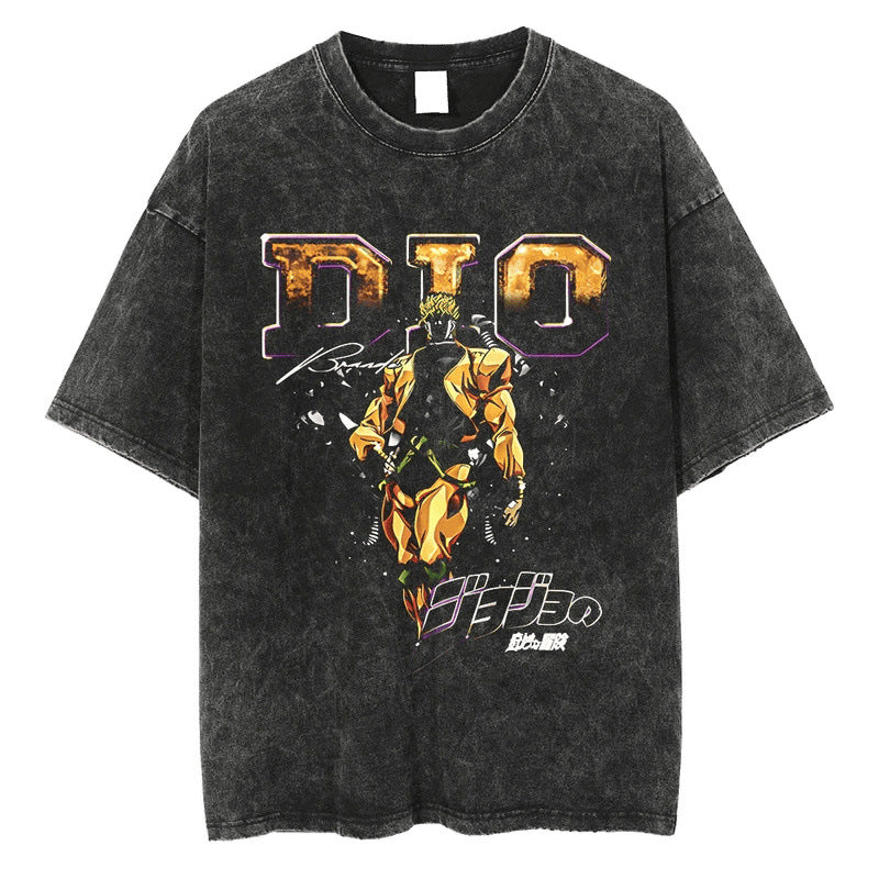Summer Anime JOJO's Bizarre Adventure Printed T-Shirt Cotton Washed Vintage Short Sleeve