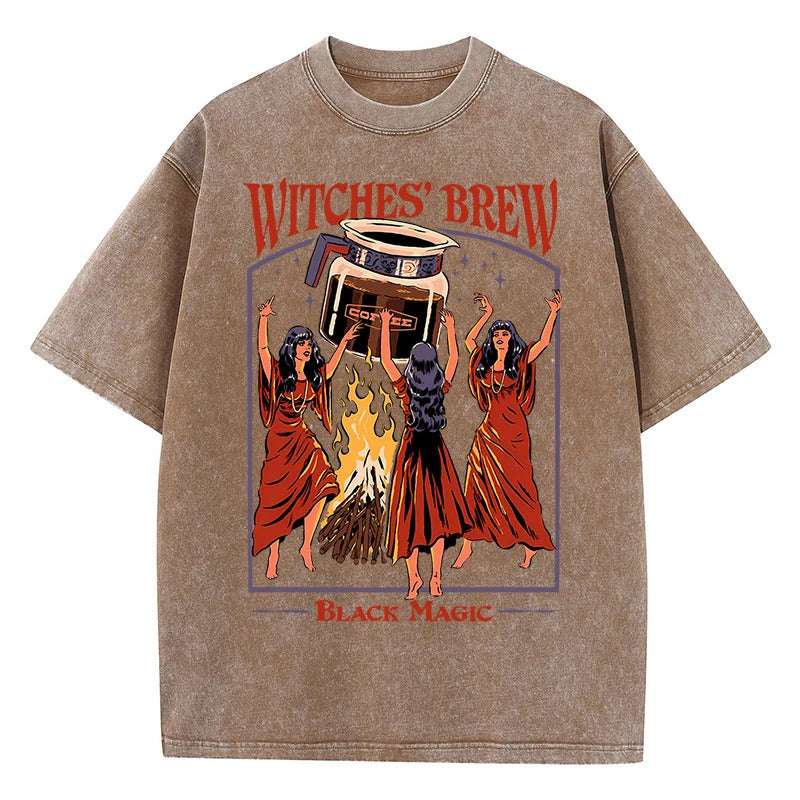 Cartoon Bonfire Dancing Print T-Shirt Summer Cotton Washed Vintage Short Sleeve Top