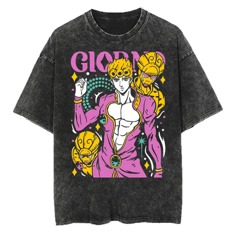 Summer Anime JOJO's Bizarre Adventure Printed T-Shirt Cotton Washed Vintage Short Sleeve