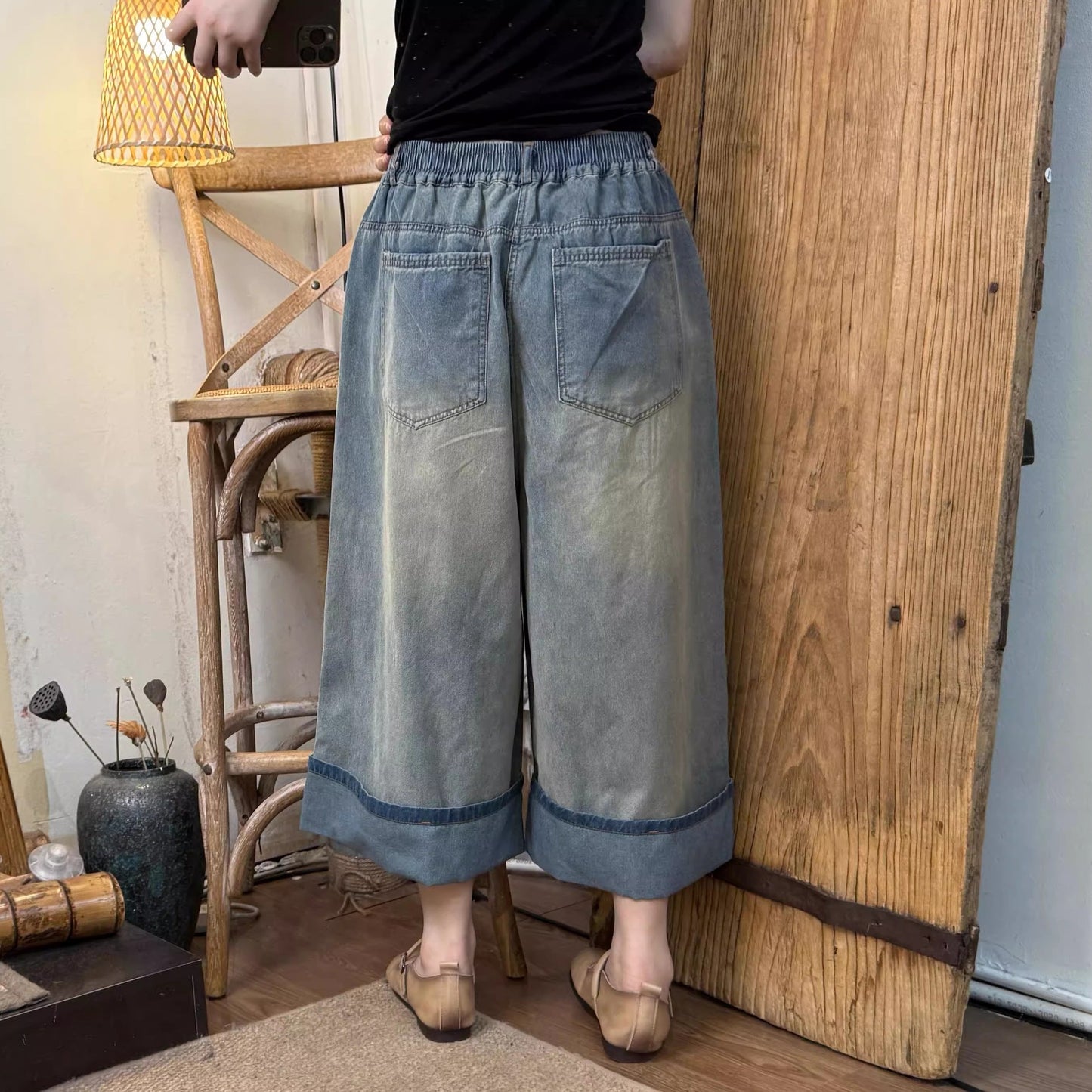 Vintage Washed Wide Cuff Denim Pants