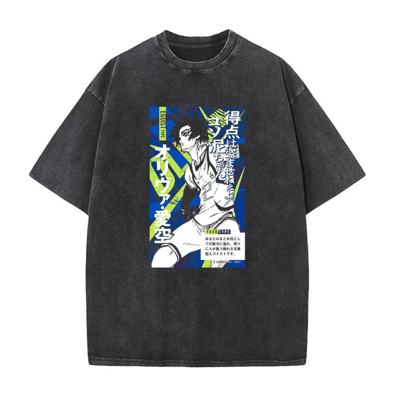 Summer New Anime Blue Prison Print T-Shirt Vintage Washed Retro Short Sleeve Top