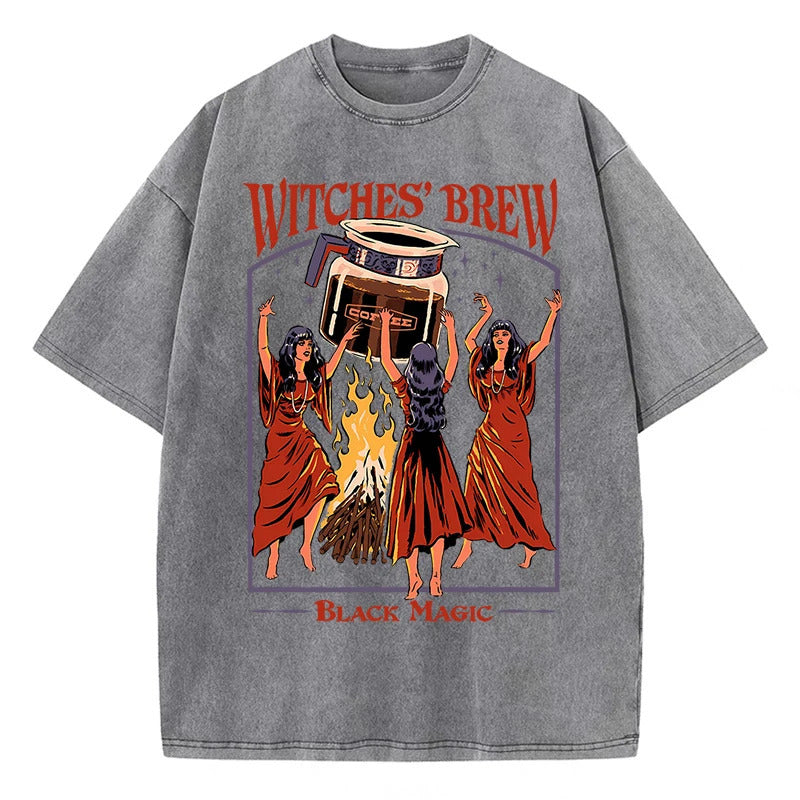 Cartoon Bonfire Dancing Print T-Shirt Summer Cotton Washed Vintage Short Sleeve Top