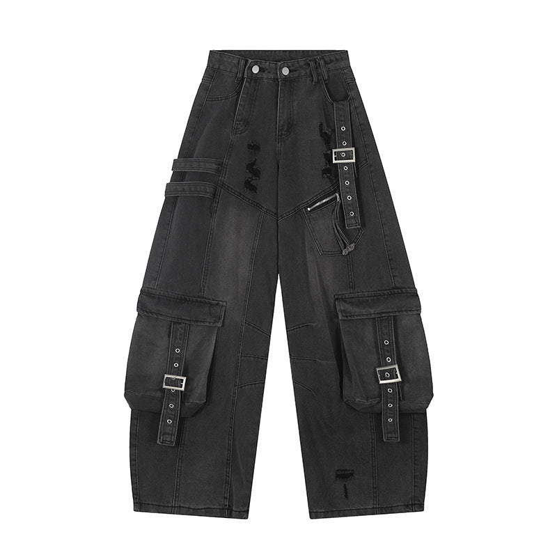 Denim Trousers with Splicing Wide-Leg