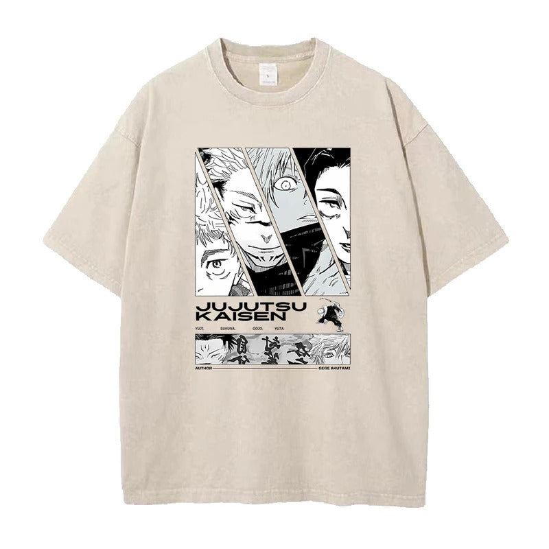 Summer Anime Jujutsu Kaisen Printed T-Shirt Vintage Washed Cotton Short Sleeve Top