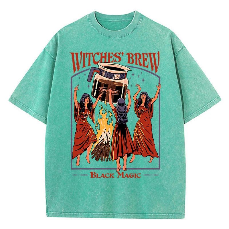 Cartoon Bonfire Dancing Print T-Shirt Summer Cotton Washed Vintage Short Sleeve Top