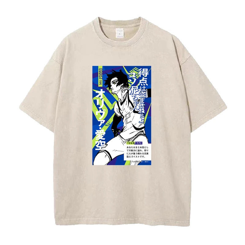 Summer New Anime Blue Prison Print T-Shirt Vintage Washed Retro Short Sleeve Top