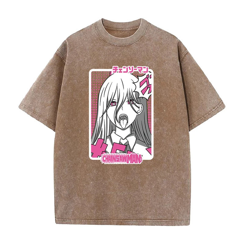 Anime Chainsaw Man Maki Ma Printed T-Shirt Summer Cotton Washed Vintage Distressed Short Sleeve