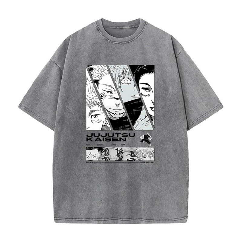 Summer Anime Jujutsu Kaisen Printed T-Shirt Vintage Washed Cotton Short Sleeve Top