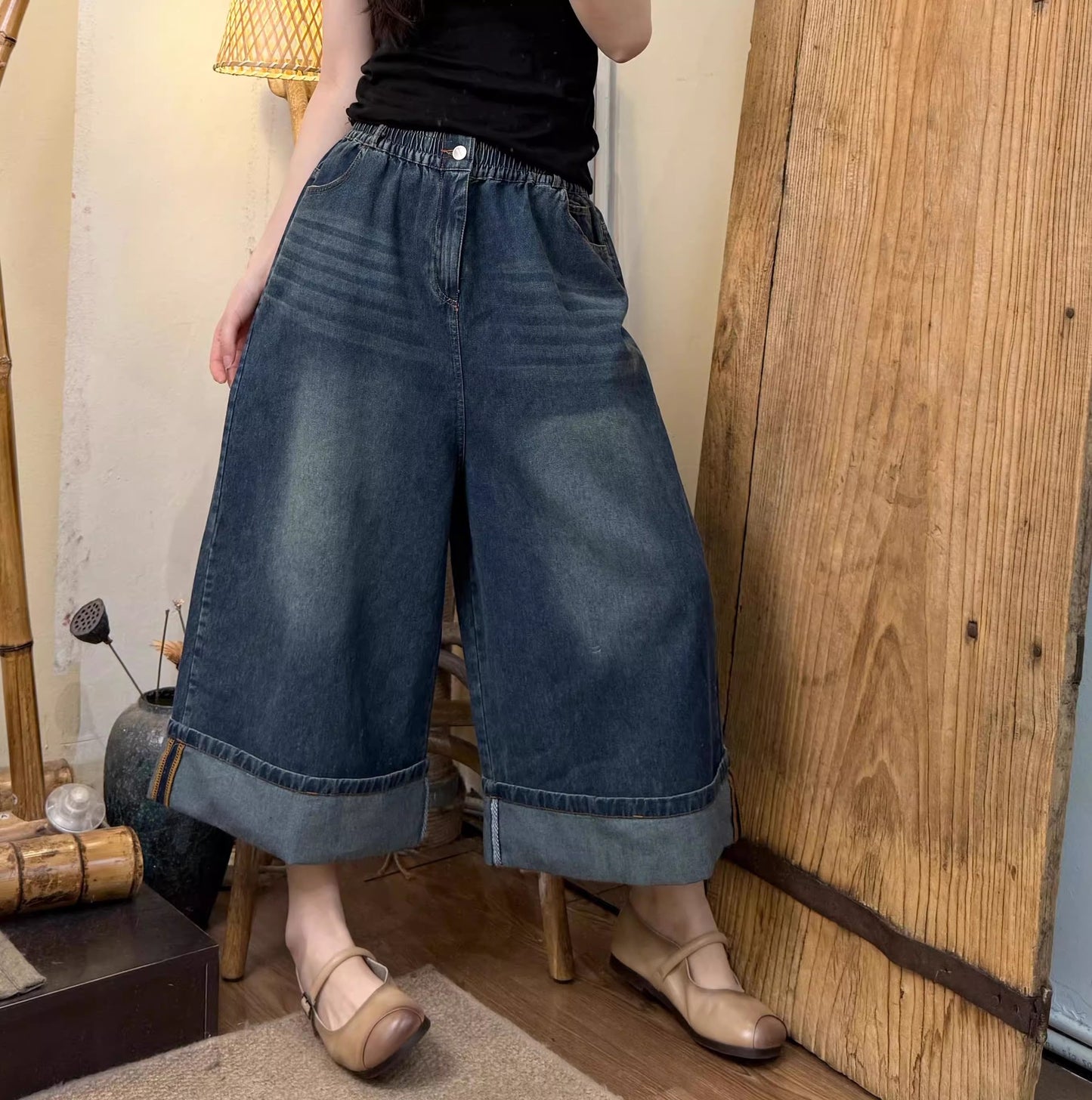 Vintage Washed Wide Cuff Denim Pants