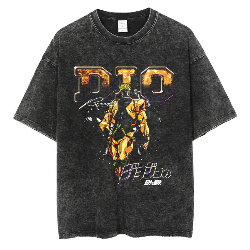 Summer Anime JOJO's Bizarre Adventure Printed T-Shirt Cotton Washed Vintage Short Sleeve