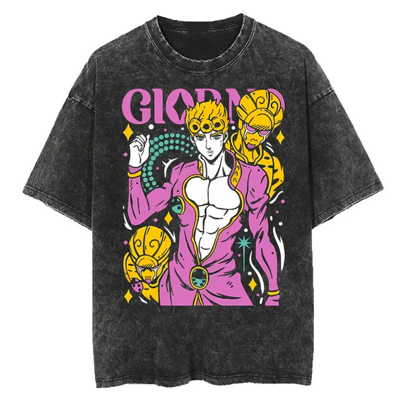 Summer Anime JOJO's Bizarre Adventure Printed T-Shirt Cotton Washed Vintage Short Sleeve