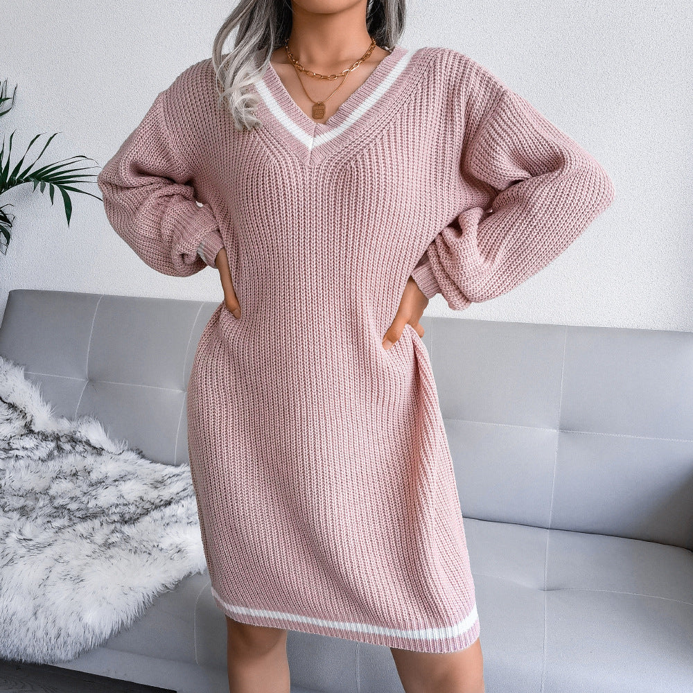 College Style V-Neck Sweater Dress Knitted Dress