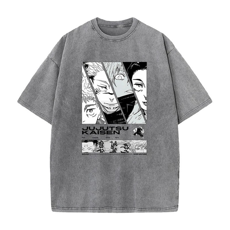 Summer Anime Jujutsu Kaisen Printed T-Shirt Vintage Washed Cotton Short Sleeve Top