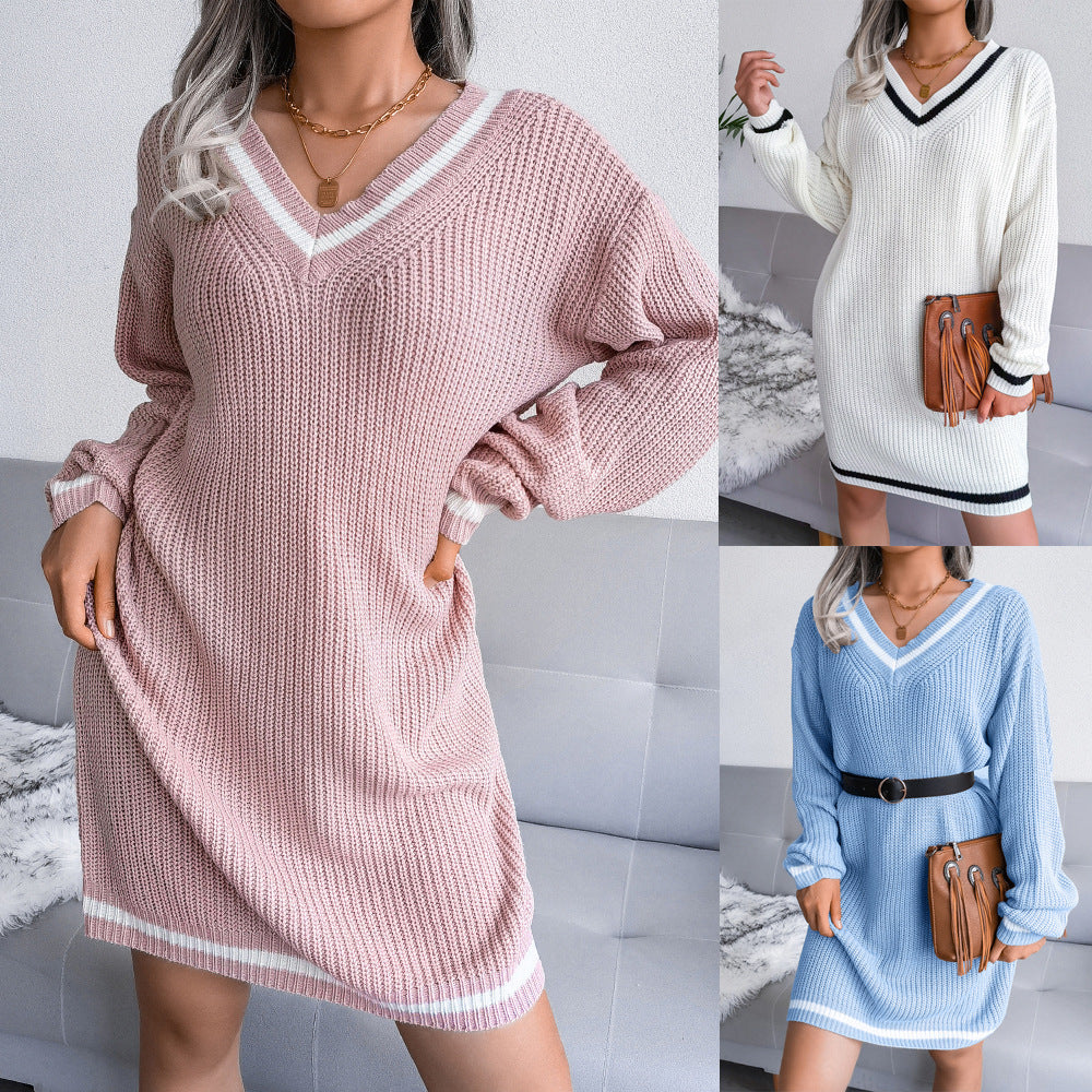 College Style V-Neck Sweater Dress Knitted Dress