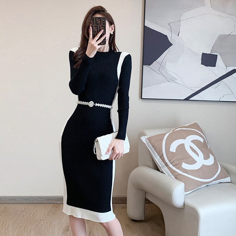 Elegant Black Knitting Dress w/Belt