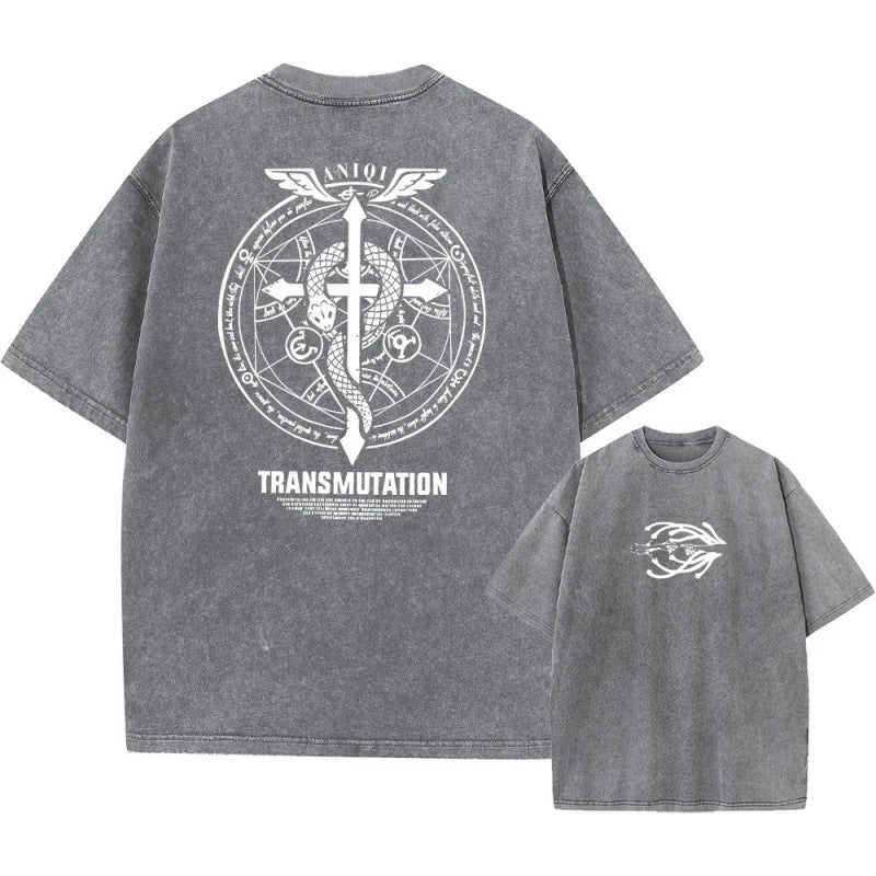 Anime Fullmetal Alchemist Printed T-Shirt Summer Cotton Washed Vintage Short Sleeve