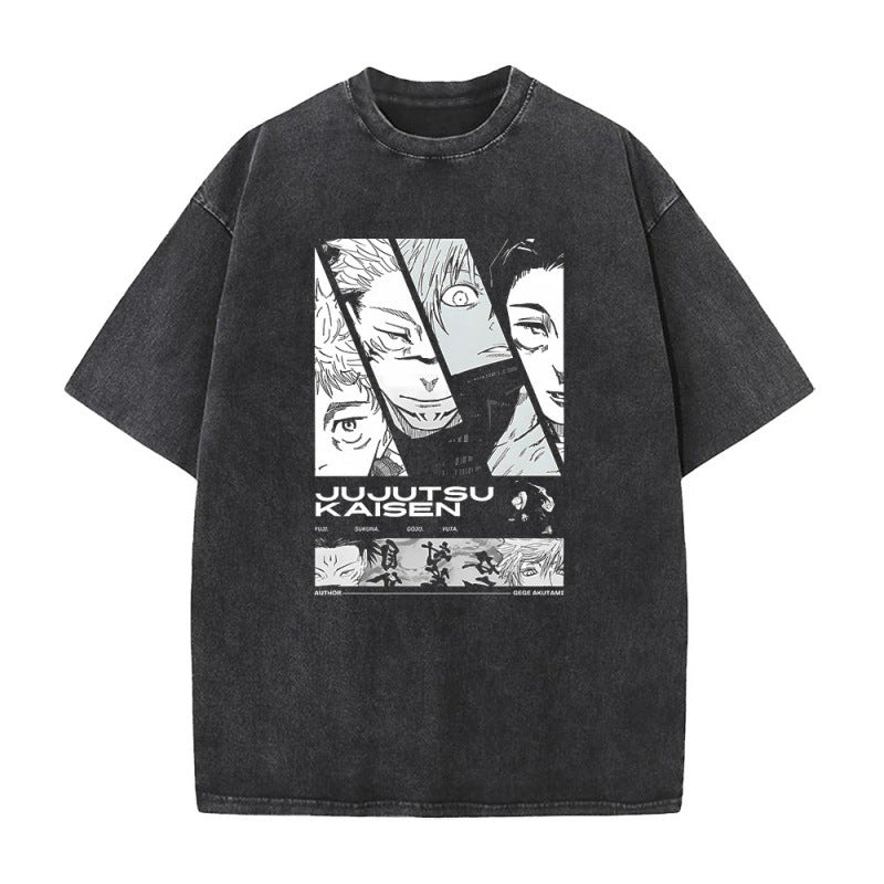 Summer Anime Jujutsu Kaisen Printed T-Shirt Vintage Washed Cotton Short Sleeve Top