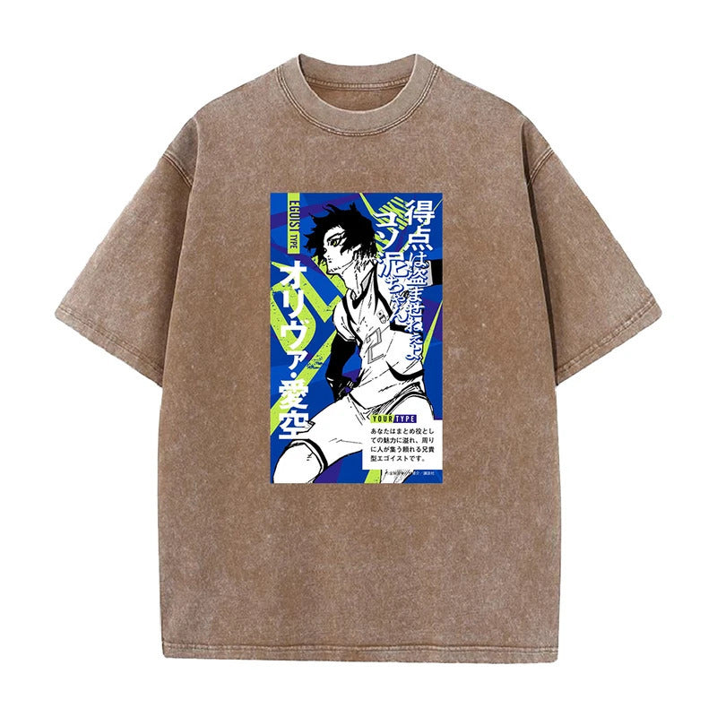 Summer New Anime Blue Prison Print T-Shirt Vintage Washed Retro Short Sleeve Top