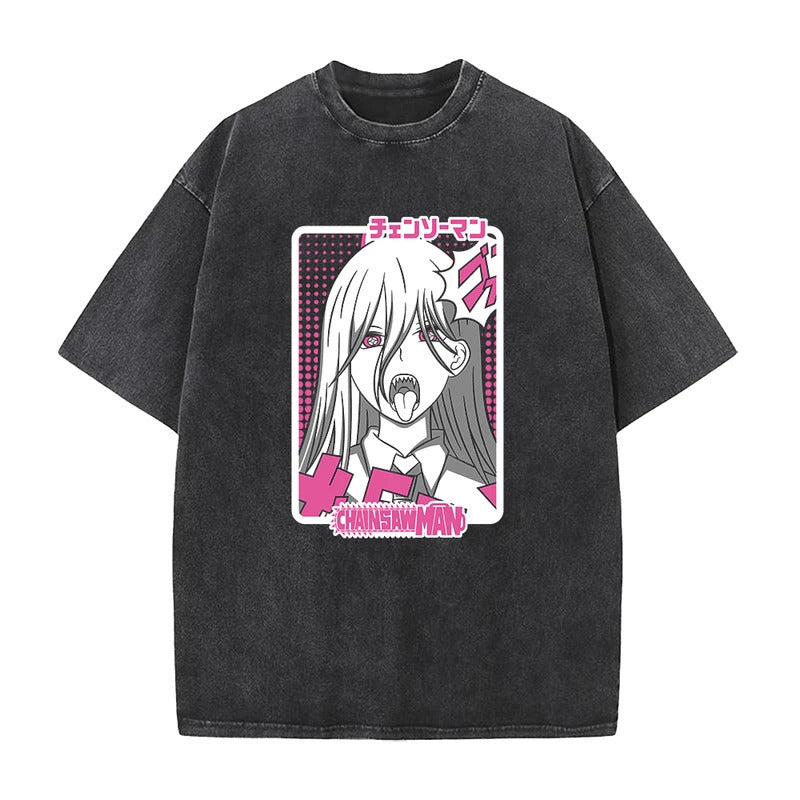 Anime Chainsaw Man Maki Ma Printed T-Shirt Summer Cotton Washed Vintage Distressed Short Sleeve