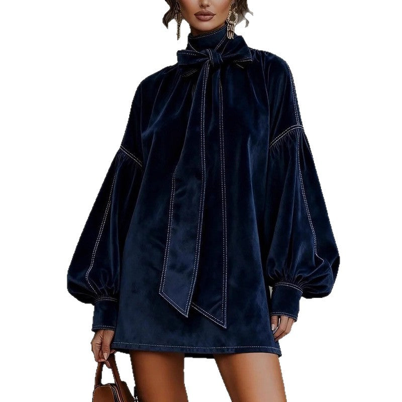 Elegant High Neck Bow Velvet Bloom Sleeve Mini Dress