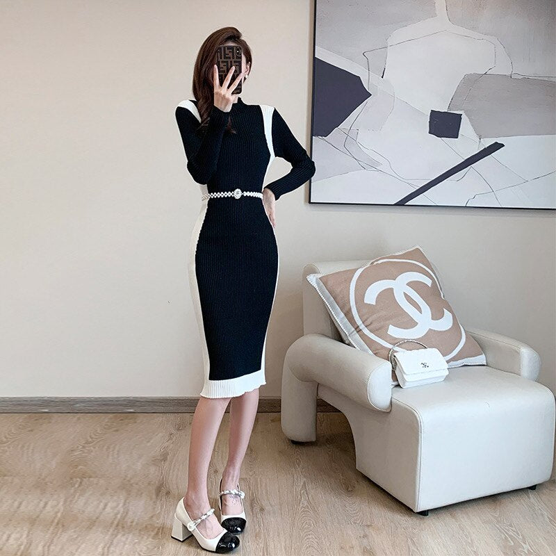 Elegant Black Knitting Dress w/Belt