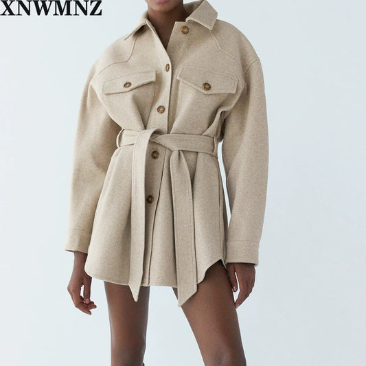 XNWMNZ Za Women Fashion With Belt Loose Woolen Jacket Coat