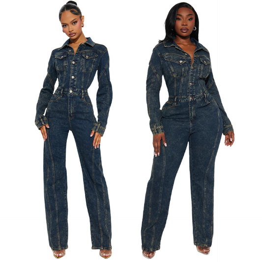 Loose Elastic Denim Jumpsuit