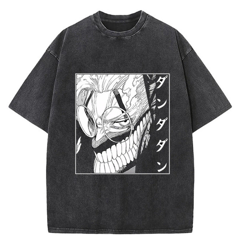 Anime Bold Party Pattern Printed T-Shirt Summer Cotton Washed Vintage Short Sleeve