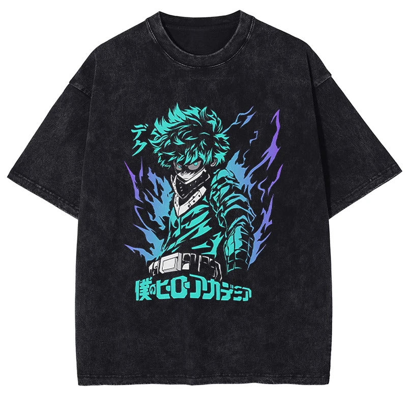 Summer Anime My Hero Academia Izuku Midoriya Printed T-Shirt Cotton Washed Vintage Short Sleeve