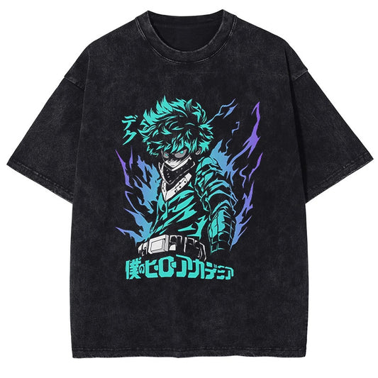 Summer Anime My Hero Academia Izuku Midoriya Printed T-Shirt Cotton Washed Vintage Short Sleeve