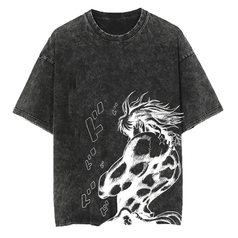 Summer Anime JOJO's Bizarre Adventure Printed T-Shirt Cotton Washed Vintage Short Sleeve