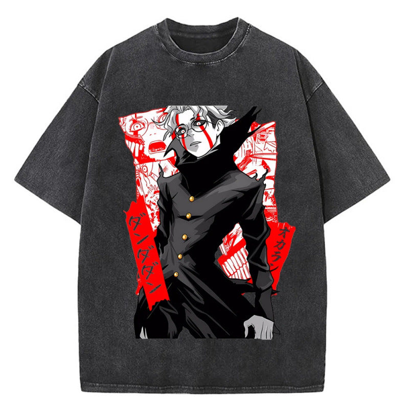 Anime Bold Party Pattern Printed T-Shirt Summer Cotton Washed Vintage Short Sleeve