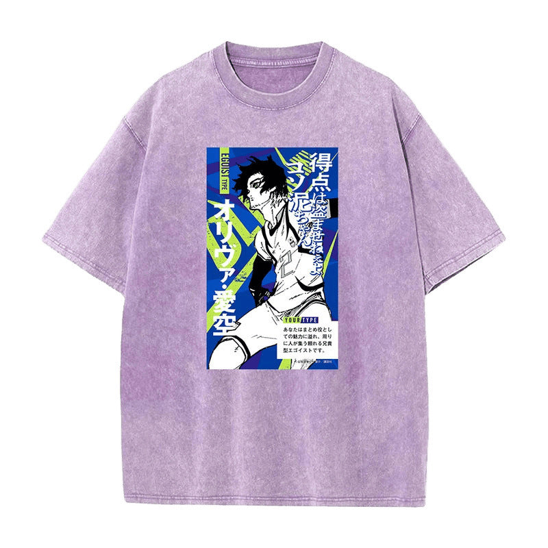 Summer New Anime Blue Prison Print T-Shirt Vintage Washed Retro Short Sleeve Top