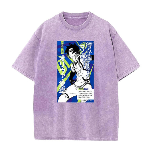 Summer New Anime Blue Prison Print T-Shirt Vintage Washed Retro Short Sleeve Top