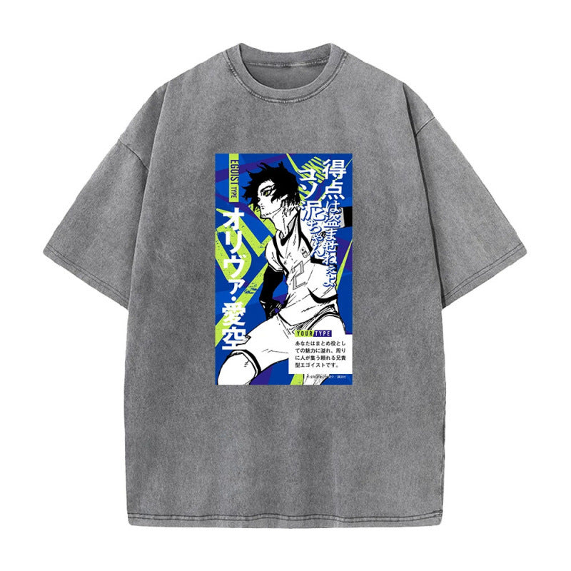 Summer New Anime Blue Prison Print T-Shirt Vintage Washed Retro Short Sleeve Top