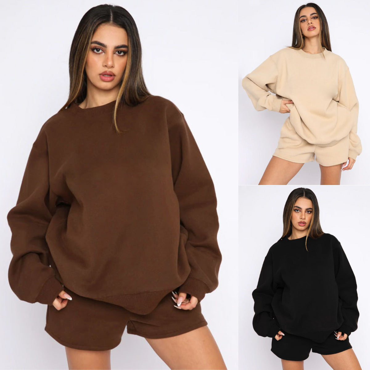 Solid Round Neck Long Sleeve Short Set