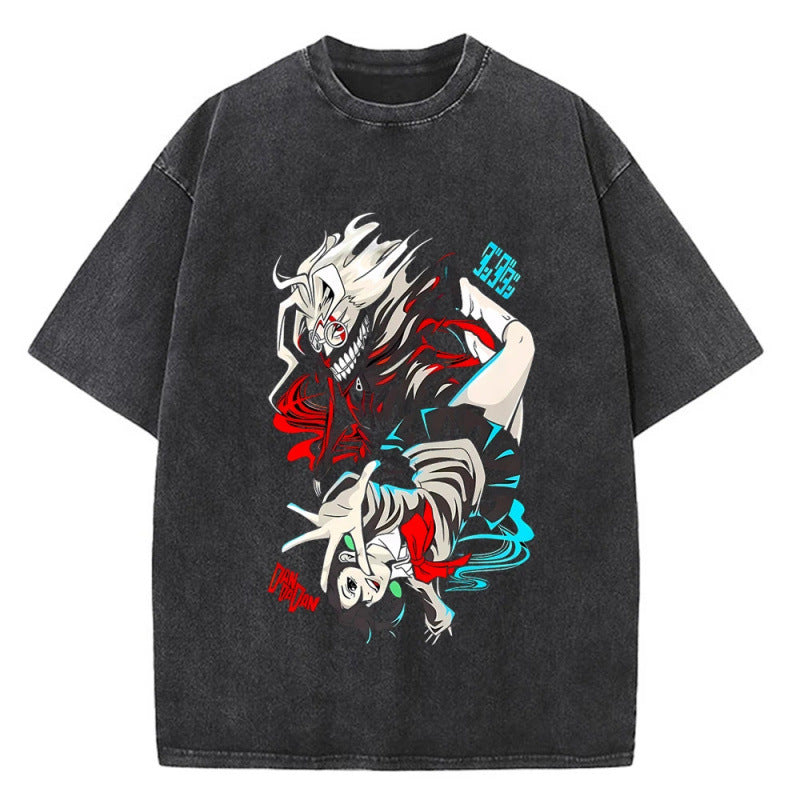 Anime Bold Party Pattern Printed T-Shirt Summer Cotton Washed Vintage Short Sleeve