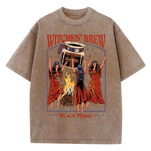 Cartoon Bonfire Dancing Print T-Shirt Summer Cotton Washed Vintage Short Sleeve Top