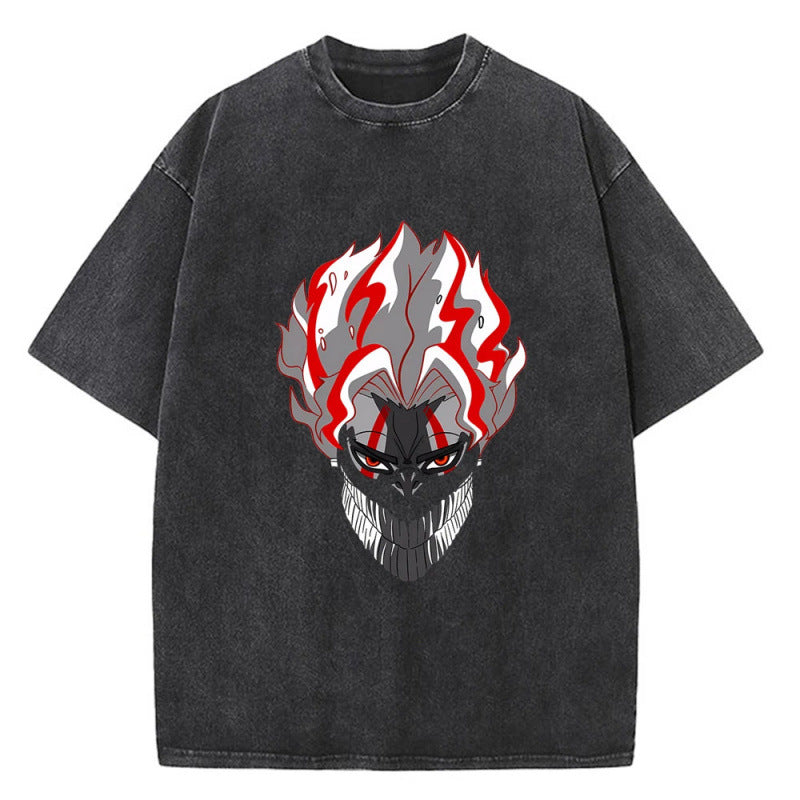 Anime Bold Party Pattern Printed T-Shirt Summer Cotton Washed Vintage Short Sleeve