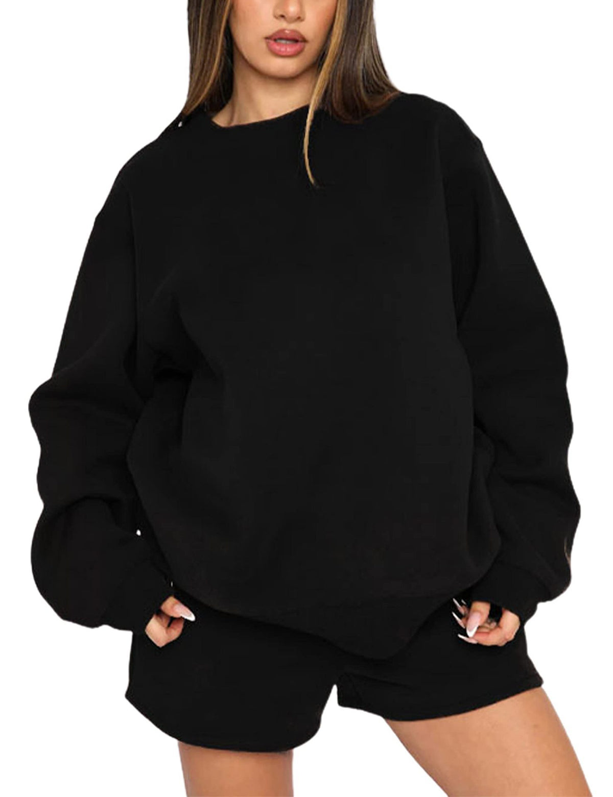 Solid Round Neck Long Sleeve Short Set