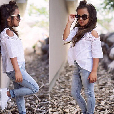 Girls Lace Tops T-Shirt+Denim Jeans Pants Outfits Set