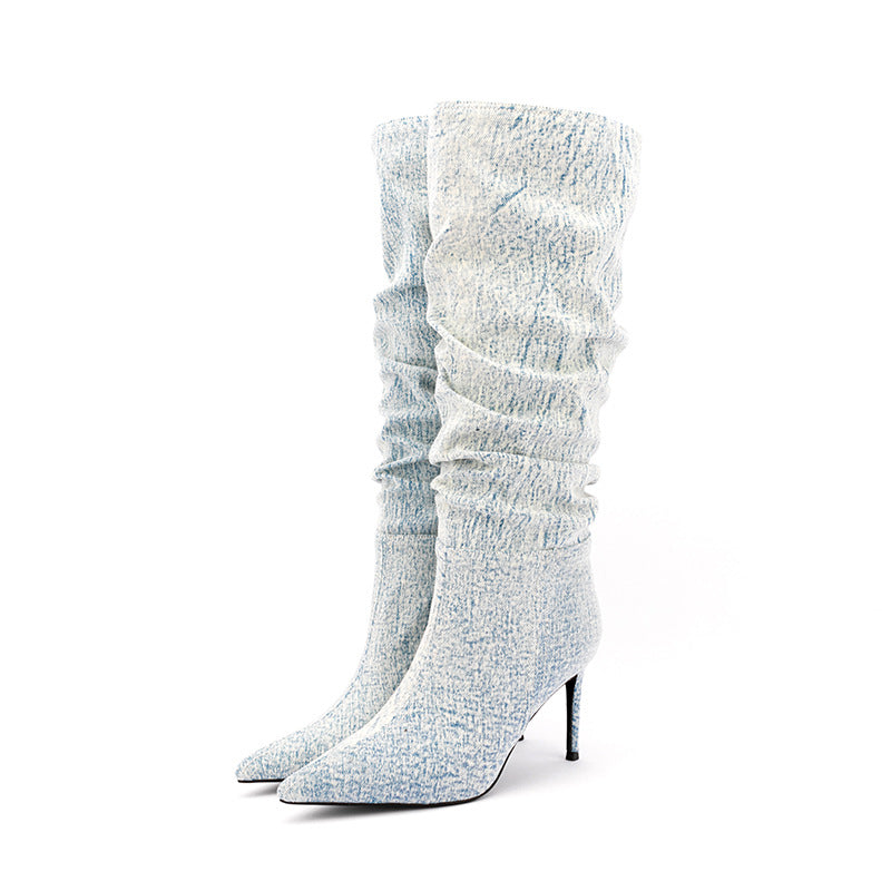 Denim Jeans Mid Calf Boots