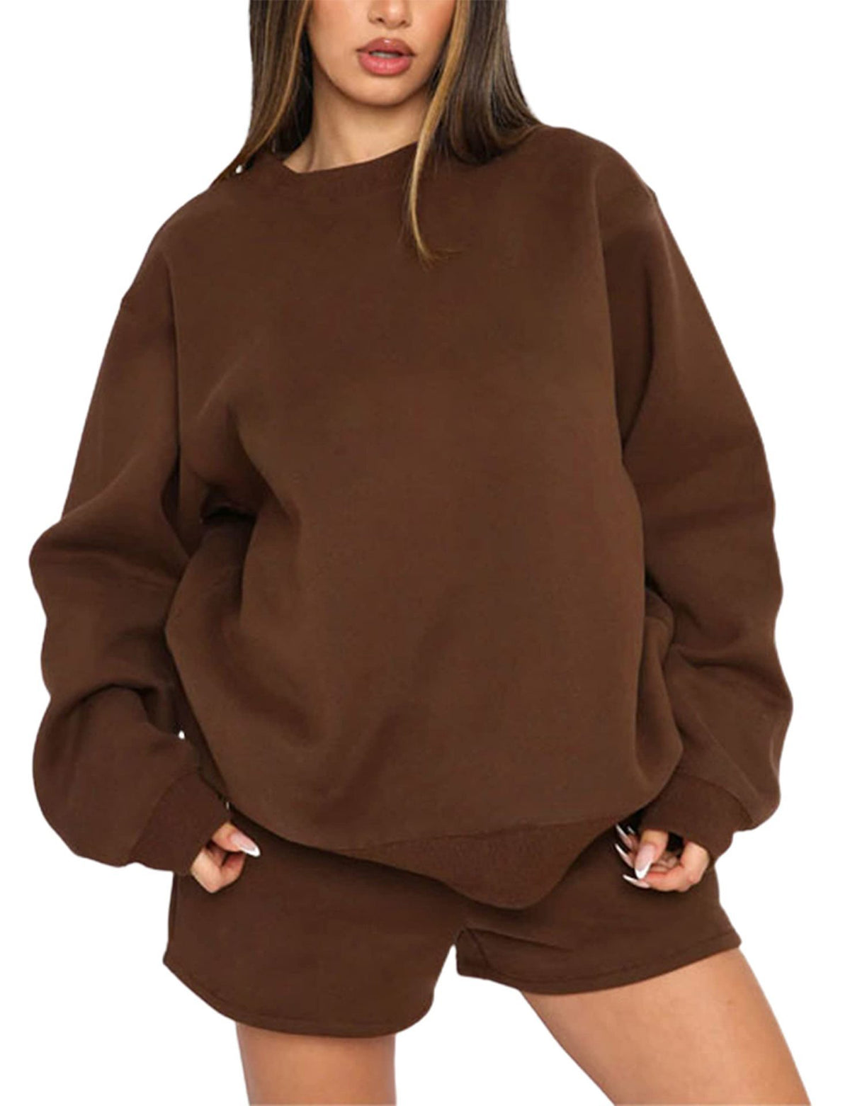 Solid Round Neck Long Sleeve Short Set