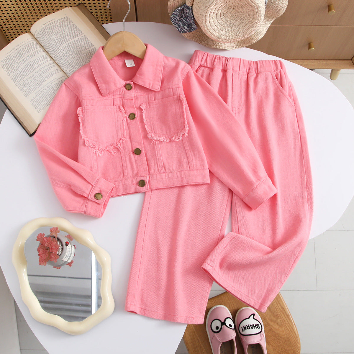 Fashionable Denim Jacket and Wide Leg Pants