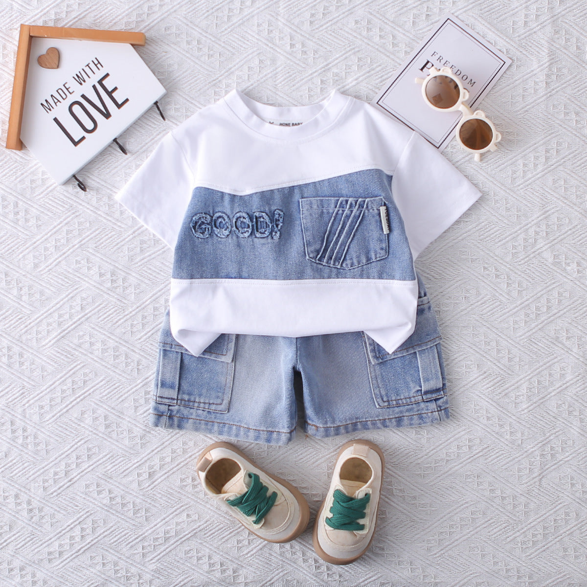 Cowboy Patchwork Short Sleeved Two-Piece Set