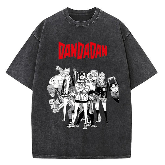 Anime Bold Party Pattern Printed T-Shirt Summer Cotton Washed Vintage Short Sleeve