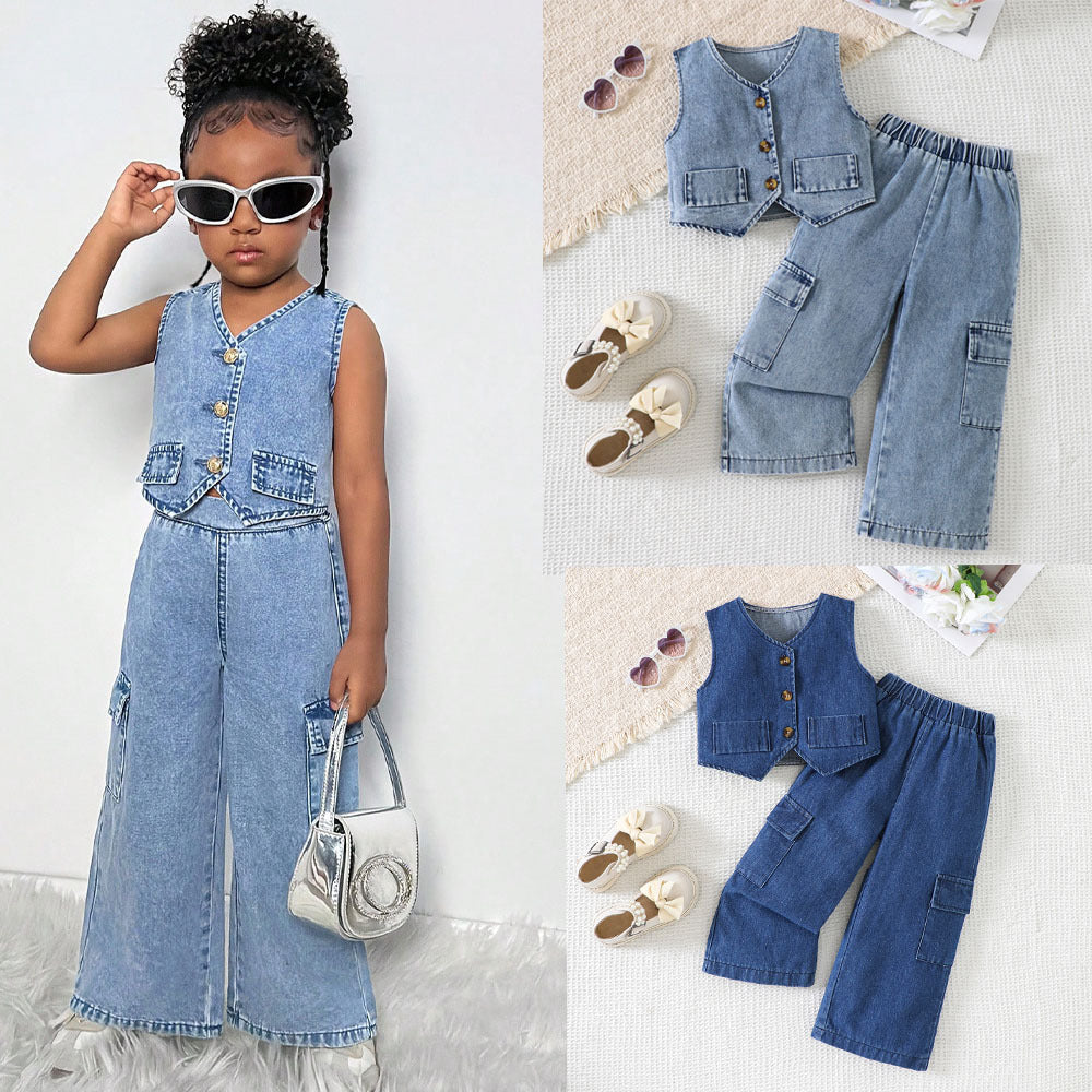 Summer Girl Denim Vest and Wide Leg Pants