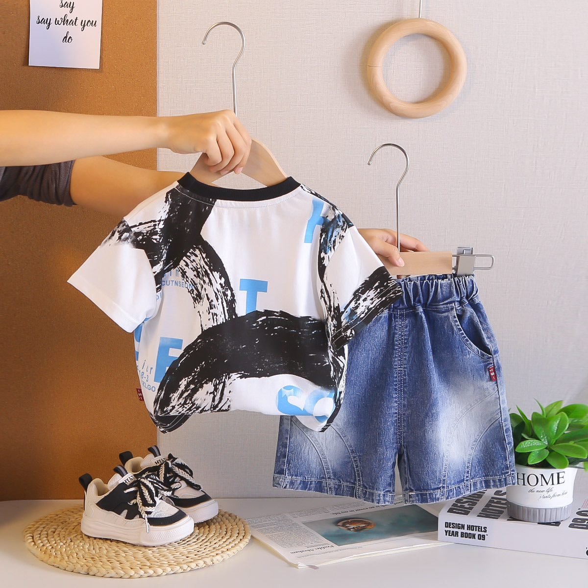 Letter Pocket Short Sleeved Top and Shorts Set