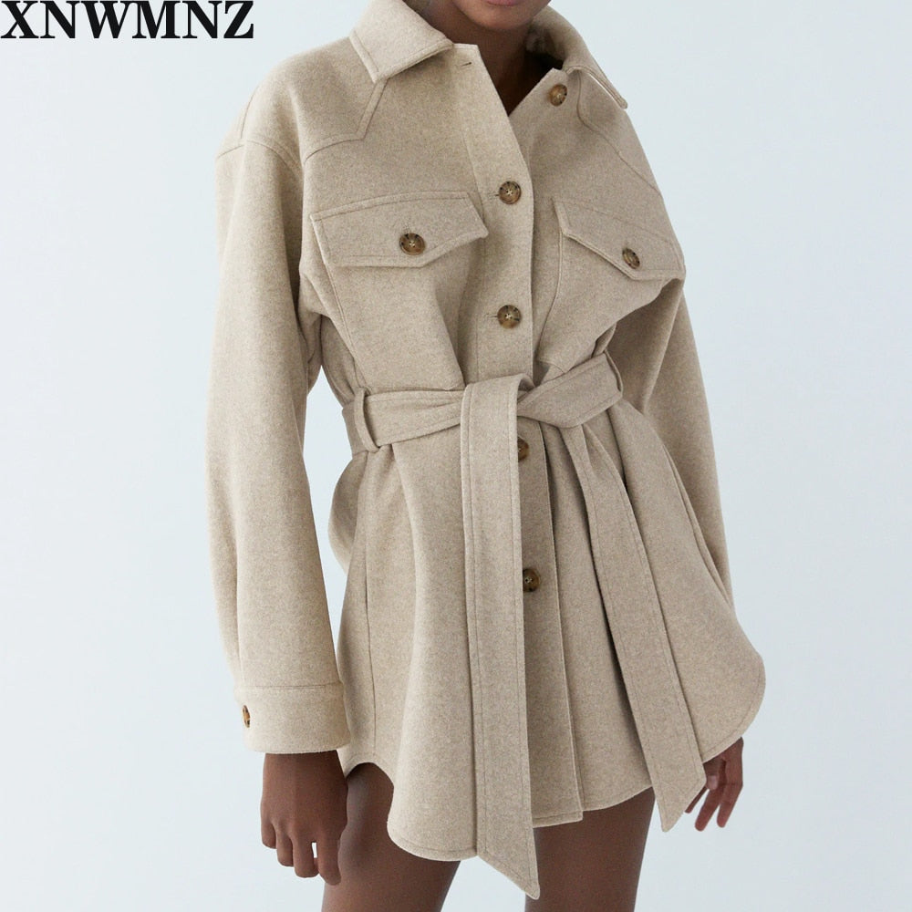 XNWMNZ Za Women Fashion With Belt Loose Woolen Jacket Coat